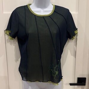 Chic Sheer Navy Top with Lime Details